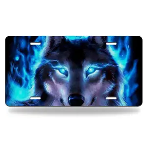 Wolf With Blue Eys And Blue Fire Watching Metal Car Plate Decorative Aluminum License Plate Tag Sign, 12" x 6" Aluminum Vanity Tag for US Vehicles - Car Accessories