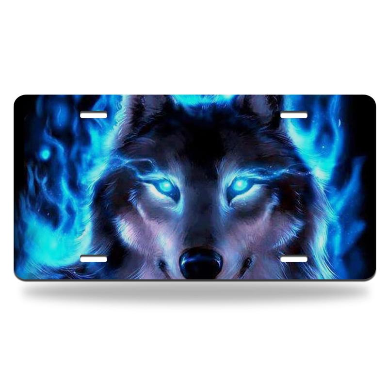 Wolf With Blue Eys And Blue Fire Watching Metal Car Plate Decorative Aluminum License Plate Tag Sign, 12" x 6" Aluminum Vanity Tag for US Vehicles - Car Accessories