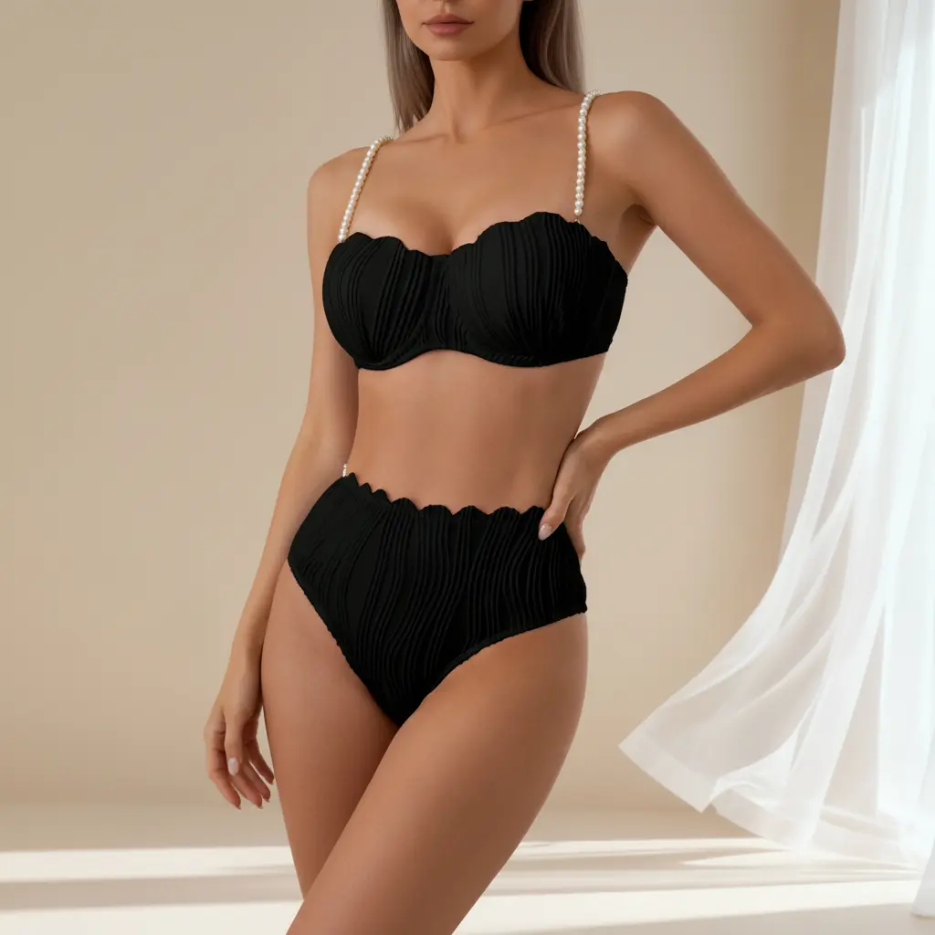 Women's High-Waist Bikini Set, Textured 2-Piece with Beaded Pearl Straps, Tummy Control and Scalloped Edges, No