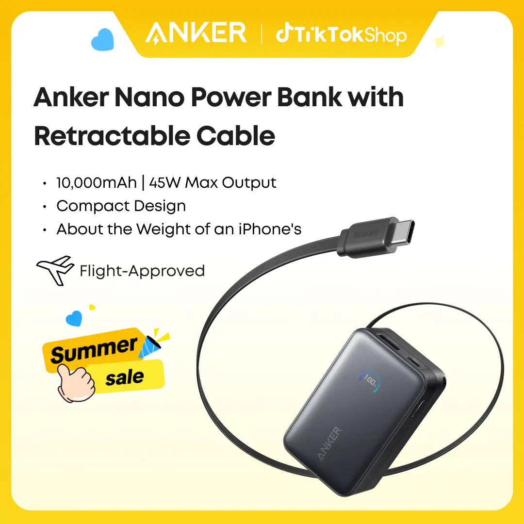 [Limited Offer]Anker Nano Power Bank, 10,000mAh Portable Charger with 2.3 ft Anker InstaCord Retractable Cable, 45W Max Compact Battery Pack, Smart Display, For iPhone 16 Series, iPad, Galaxy, Pixel, and More#DealsForYouDays