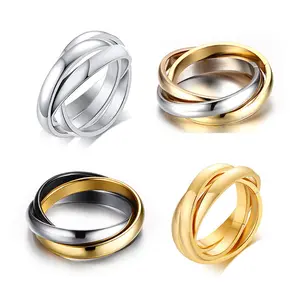 JEWEL4U - Stainless Steel Interlocked Triple Ring for Women Multi Color Wedding Band Bague Three in One