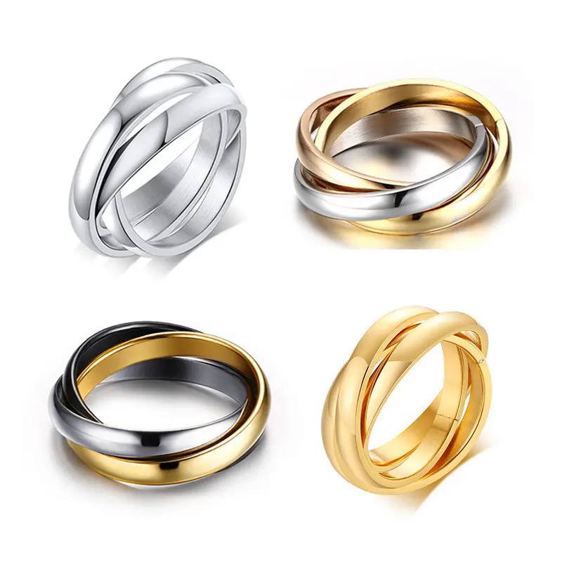 JEWEL4U - Stainless Steel Interlocked Triple Ring for Women Multi Color Wedding Band Bague Three in One