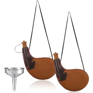 2 Sets 500ml Traditional Ancient Spanish Leather Bota Bag Water Canteen Portable Vintage Flask with Metal Funnel and Shoulder Strap for Travel Camping Hiking Outdoor Activities & Costume