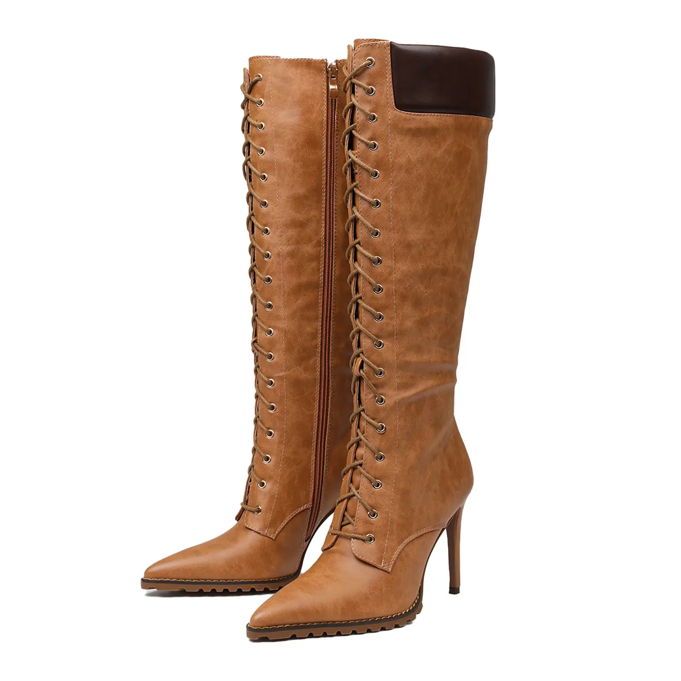 Women's Vintage Leather Knee-High Boots - Pointed Toe, Stiletto Heels, Laces, Side Zipper, Rubber Sole, Retro Finish, All Seasons Footwear for Evening Party & Casual Wear