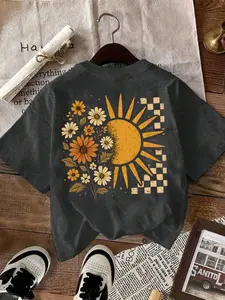 Charcoal Vintage Wash Oversized "Retro Floral Sun" Boho Tee - 2026 Trending Streetwear, Soft Cotton Fabric Perfect for Outdoor Walks & Daily Outings, Bold Retro Print That Stands Out, Versatile Relaxed Fit