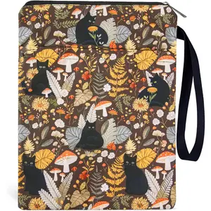 Waterproof Book Sleeve Pouch - Black Cat Book Cover Protector for Paperbacks Portable Bookworm Accessories with Pocket and Handle Flower Mushroom Bookish Gifts for Women Teacher Student