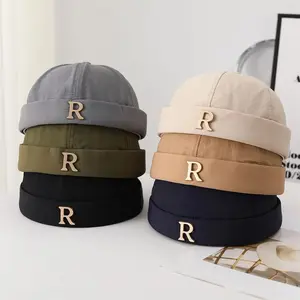 Fashion R Letter Brimless Docker Cap Summer Lightweight Breathable Beanie Hat Streetwear Miki Hat for Men Women Casual Wear