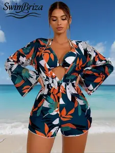 Briza｜Sexy Women's Summer Swimsuit Set, All-Over Print On Raw Fabric, High-Elasticity And Comfortable Material, Perfect For Sports, Outdoor Activities, Beach Vacations, Hawaiian Style, And A Gift.
