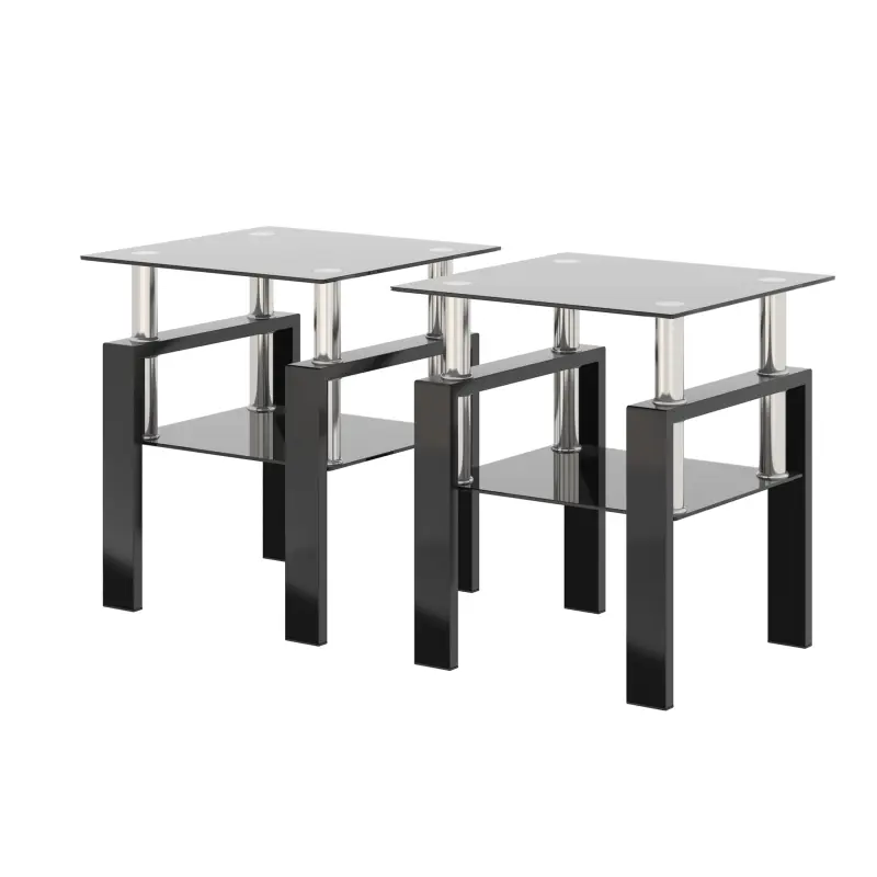 End Table Set of 2, Small Side Table Modern Tempered Glass Tea Table Coffee Table End Table Square Table for Living Room, Bedroom, 2 PCS, Black Furniture, Contemporary Coffee Table