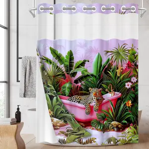 1PC 2D Flat Tropical Jungle Leopard Shower Curtain, Funny Bathtub Design, Waterproof & Detachable Liner, Bathroom Curtain (No Hooks)