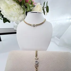 (C7) 14K Gold Plated Elegant Shiny Gem Tight Cuban Chain Necklace and Bracelet Set for Women