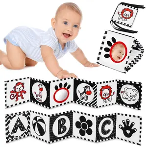 Black and White High Contrast Baby Toys, Soft Baby Book for Newborn 0-3-6-12 Months, Infant Tummy Time Toys, Early Education Sensory Toys, Visual Stimulation Folding Cloth Book for Boys Girls