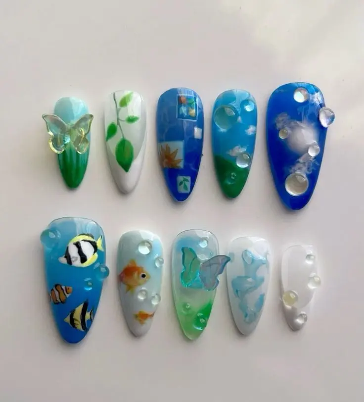 Frutiger Aero Press On Nails, 3D Water Drop Ocean Fish Butterfly Handmade False Nails, Y2K Retro Futuristic Nail Art Set with Free Adhesive Tabs Nail File Cuticle Stick