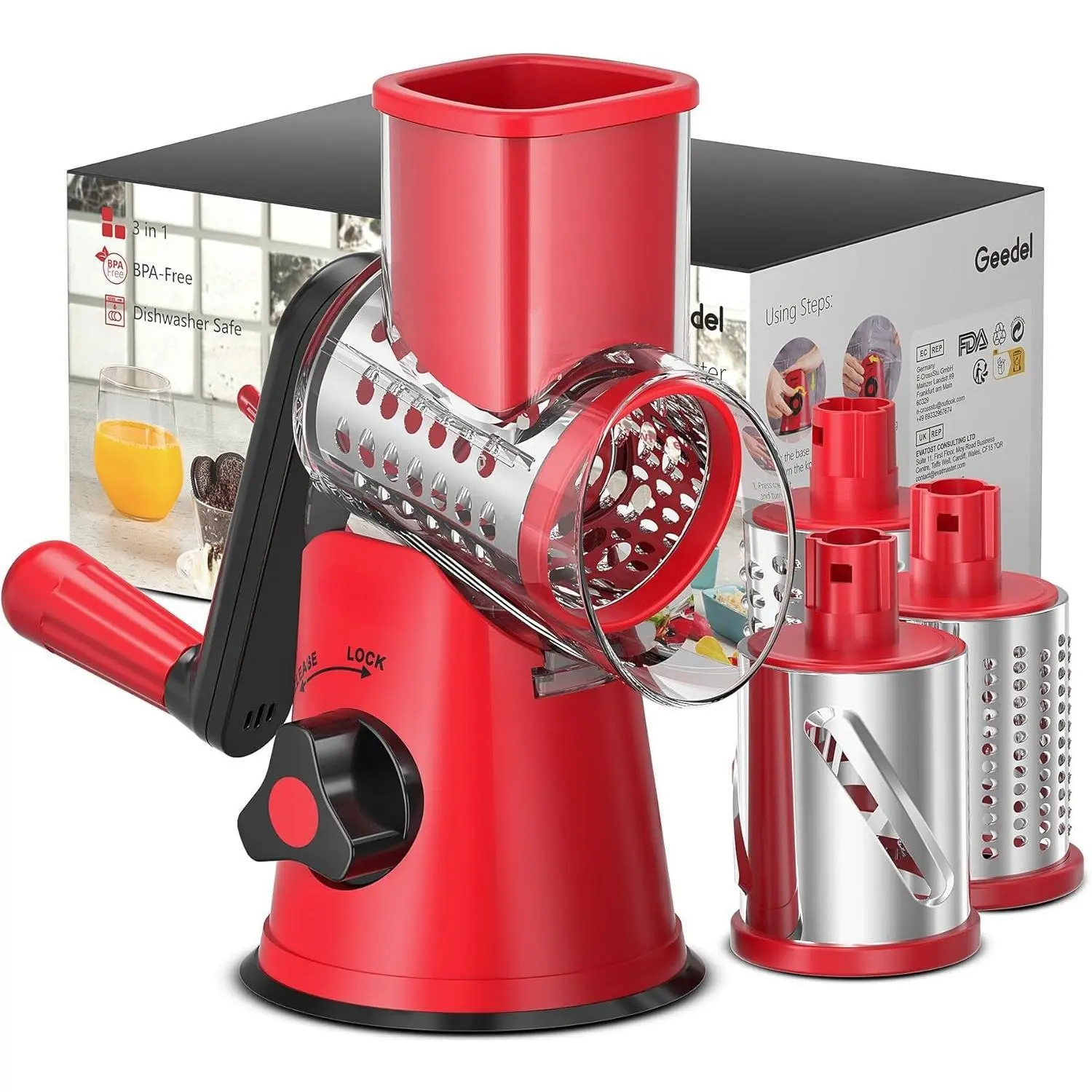Rotary Cheese Grater & Vegetable Cutting Slicer - Kitchen Gadget Mandoline with 3 Interchangeable Blades, Easy-to-Clean Cutter for Fruit, Nuts, Chocolate, Hash Brown