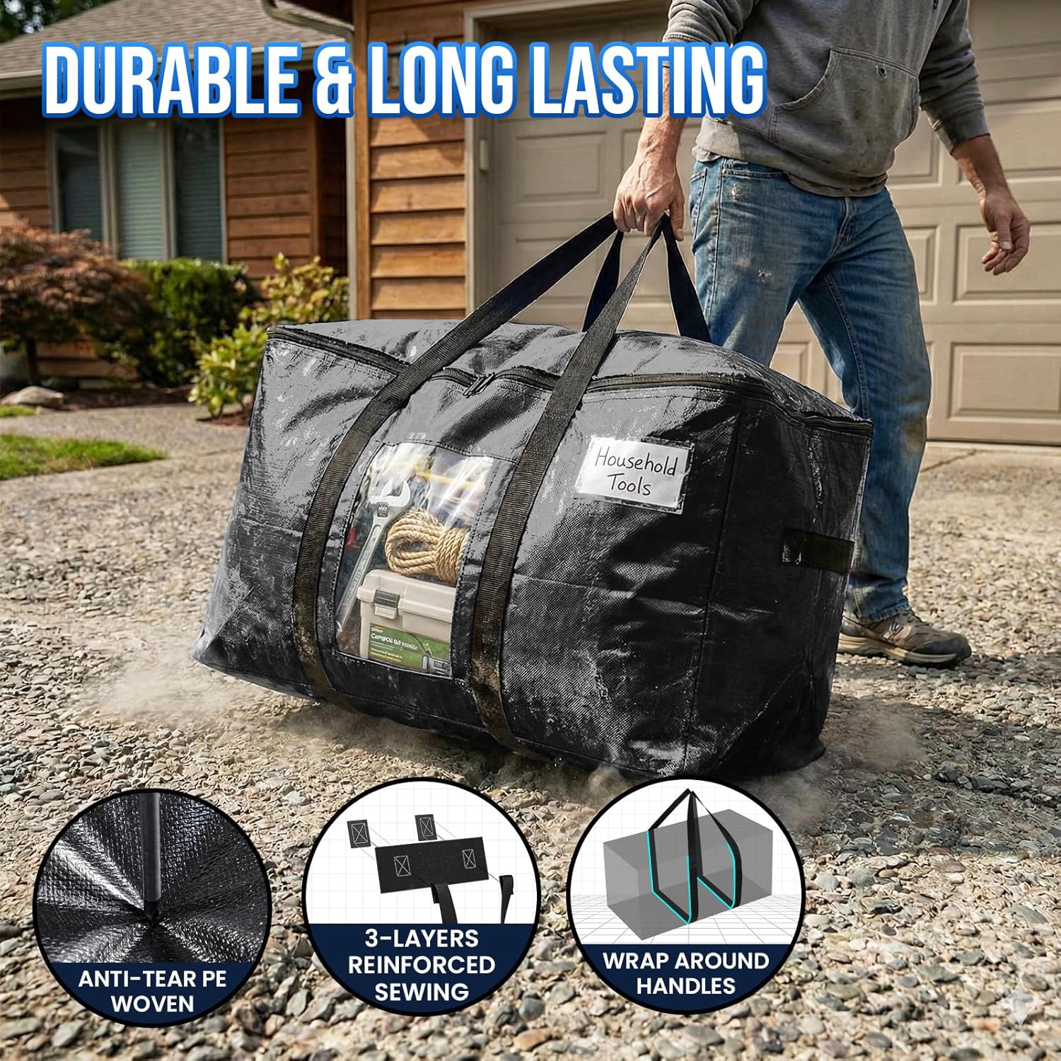 Extra Large Moving Bags, 4 Pack Black Heavy Duty Totes For Storage with Visible Window, Wrap Around Handles, Storage Bags for Space Saving, Alternative to Moving Boxes Extra Large Moving Bags, 4 Pack Black Heavy Duty Totes For Storage with Visible Window, Wrap Around Handles, Storage Bags for Space Saving, Alternative to Moving Boxes