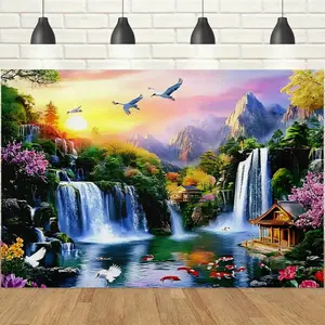 1pc 2D Oriental Landscape Koi Theme Banner, Cascading Waterfalls & Crane Sunset, Elegant Auspicious & Zen Vibe, Perfect for Chinese Weddings, Tea Room Backdrops & Oriental Themed Parties Decor Backdrop
