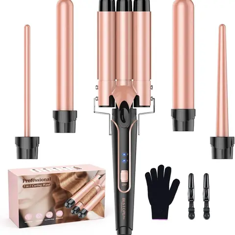 BESTOPE PRO 5-in-1 Ceramic Curling Irons & Straighteners Set - 3 Tubes, 2 Rapid-Heating Extra-Long Barrels, Adjustable Even Heat, 2 Hair Clips, Gloves Included, Wavy/Hollywood Waves, Home Use, Frizz Control, Travel-Friendly Purple Rose Gold, Ideal Gift