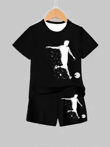 Boys Football Silhouette Set, Star Style Summer Short Sleeve Shorts, Casual Regular Fit Tee, Asymmetrical Design, Children