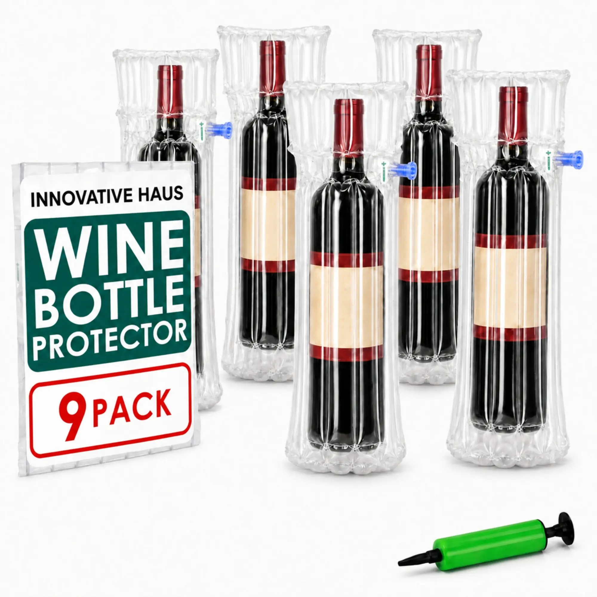 Innovative Haus Wine Bottle Protector Bag with Free Pump. Inflatable Air Columns Cushioning Safe Transportation of Glass Bottles While Traveling on Airplane. Premium Packaging Materials