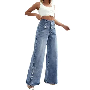 Vintage high-waisted buttoned split wide-leg jeans for women — slimming, height-enhancing washed denim pants suitable for all seasons
