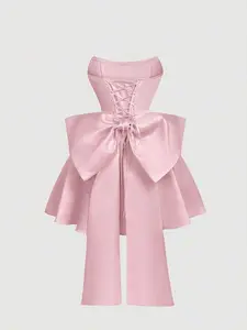 Satin Fitted Bandeau Bow Decor Short Dress, Pink Corset Dress