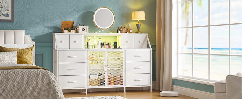 RaybeeFurniture 10 Drawer LED Vanity Dresser with Power Outlets, Multi-Functional TV Stand & Makeup Organizer for 65" Screens, Bedroom, Hallway [Falldealsforyou]