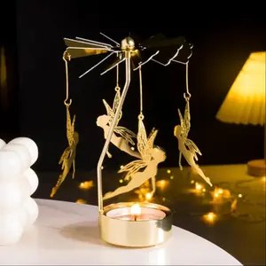 Spinning Candle Holder, Gold Tea Lights Candle Holder Fairy Carousel Candle Spinner, Rotating Metal Candle Holders for Table Centerpiece Angel Candle Holder for Christmas Festival Home Decor