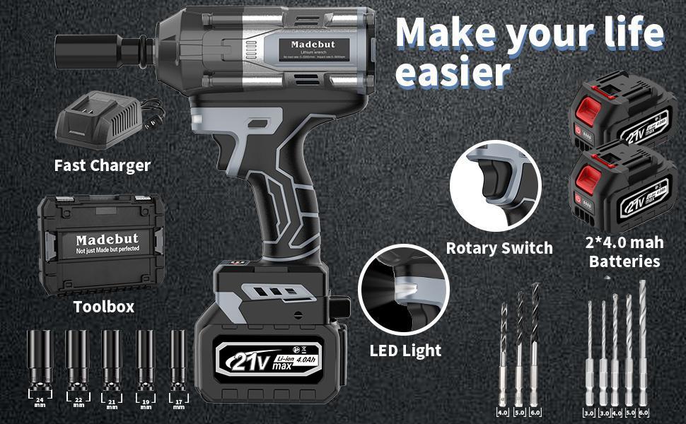1000N.m Cordless Impact Wrench, All-Metal Cordless Impact Gun with 2 * 4.0Mah, 3-IN-1 Electric Impact Wrench with 5 Sleeves