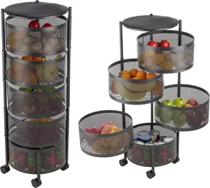 No Assembly 5-Tier Kitchen Storage Cart with Wheels, Rotating Produce Organizer for Onion, Potato & Vegetable Storage, Large Capacity Pantry Storage Rack, Black