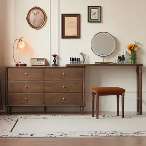 YESWOOD Large Vanity Desk with 6 Storage Dresser, North America Black Walnut Wood Adjustale Makeup Table for Girls, Vanity Set for Bedroom, Barthroom, 97" D x 16" W x 31" H（no Chair no Mirror）