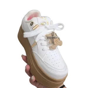 Name White Casual Sneakers with Gold Accents and Bow Detail Women's Comfortable Lace-Up Shoes