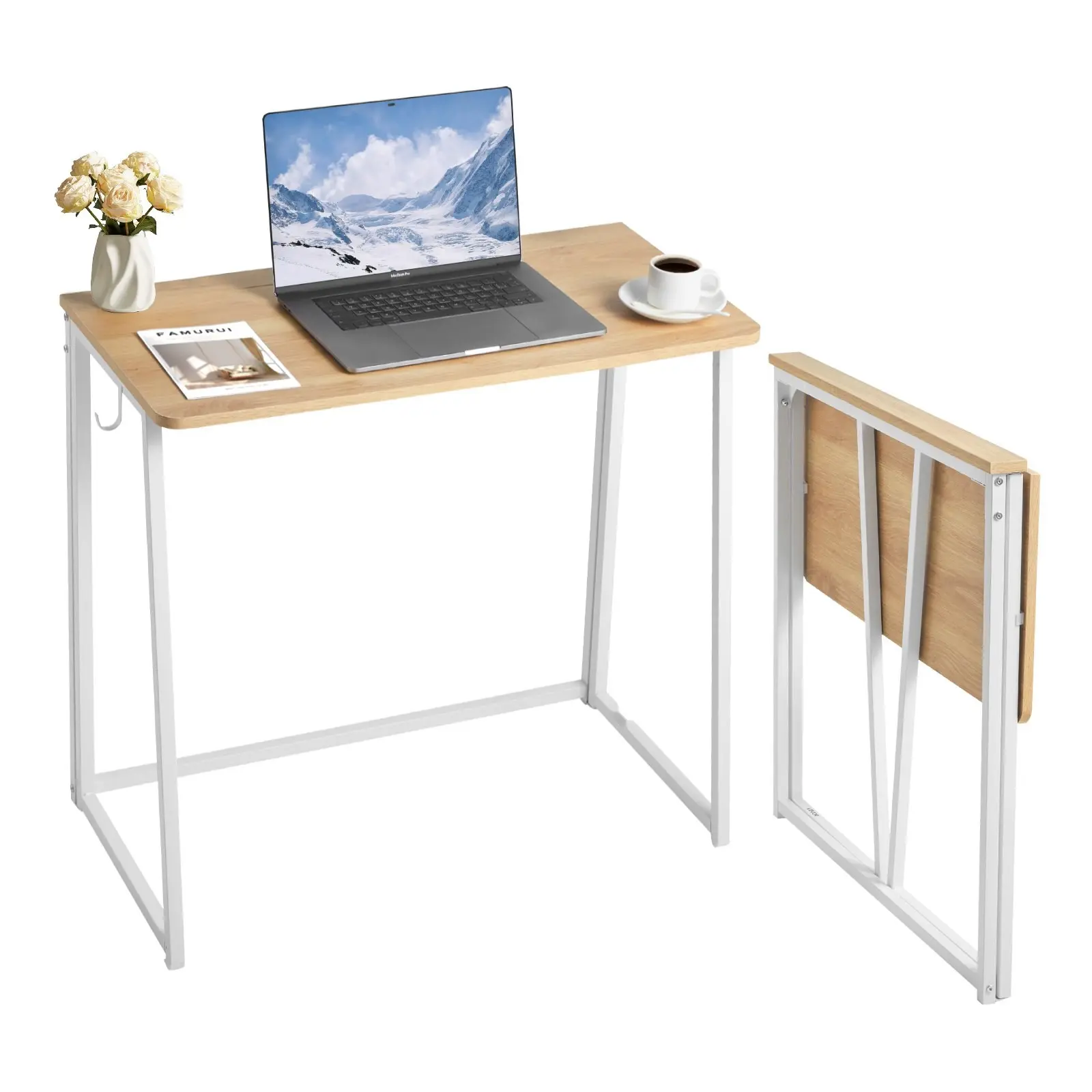 Folding Desk, 31.5-Inch Foldable Table For Small Spaces With Storage Hooks, Space-Saving Computer Desk And Writing Workstation For Home Office, Easy Assembly, Oak Finish, Durable And Versatile