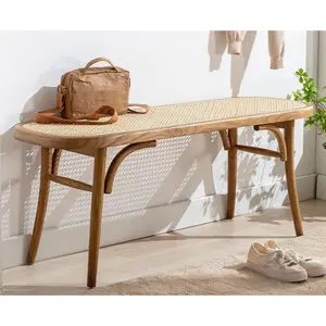 Upholstered Bench Wicker Rattan Entryway Bench Rustic Solid Wood 45 Inch for Living Room/Bedroom/HallwayNordic solid wood bench retro rattan bench bedroom bed end bench home door shoe bench