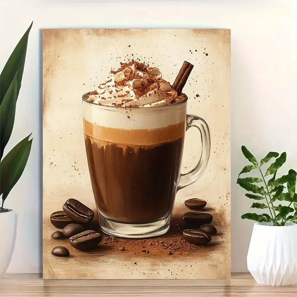 1pc Vintage Hot Chocolate Painting Canvas Print Wall Art - 12x16 Inch Framed Coffee Shop Decor with Whipped & Cocoa Beans, Rustic Kitchen Art for Home, Cafe, or Coffee House Wall Decor, Coffee Bar Decor, Cafe Decoration, Classic Warm Tones	