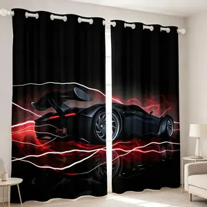 2 pieces of black background with red and white light effects super car printed perforated curtains. Made of polyester fabric, they have light-filtering and privacy-protecting properties, are durable and easy to clean, and are suitable for home decoration