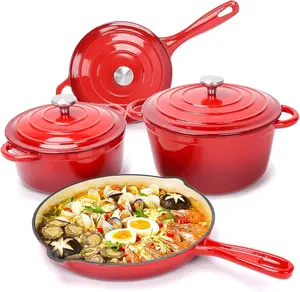 Uniflasy 7-Piece Rouge Red Enameled Cast Iron Cookware Set - Dutch Oven, Sauce Pan & Skillet with 3 Lids, Heavy Duty PFOA-Free Ceramic Coated, Gas/Induction/Oven Safe
