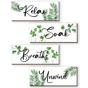 4pcs Vintage Green Leaf Wooden Wall Art - Relax, Soak, Breathe, Unwind - 12X4 Inch Decor Signs for Bedroom And Bathroom, Suitable for Any Holiday, Bathroom Decoration, Modern Home Decoration
