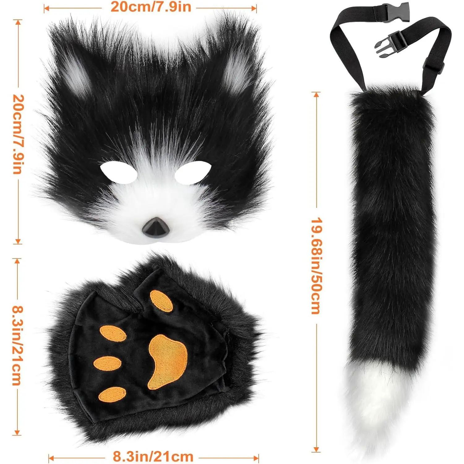 Kids' 3-Piece Therian Wolf Costume Set, Handmade Faux Fur Cosplay with Mask, Paw Gloves with Elastic Cuff, and an Adjustable Bendable Tail for Birthday Parties and Halloween, Costumes, Paws, Therian Costume