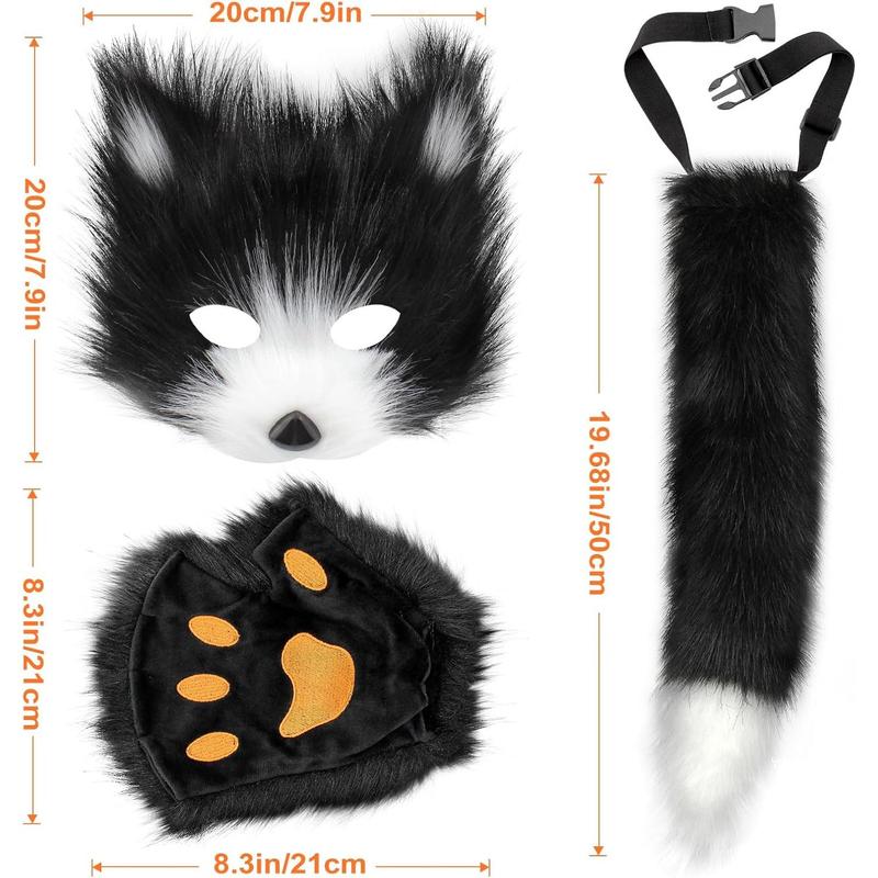 GJ-L-GCS067  Faux Fur Cat Fox Mask Tail and Paw Set, Wolf Furry Suit Plush Therian Accessories Kit