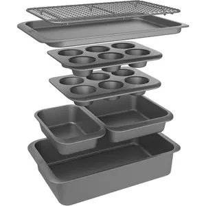 Nesting Set - Carbon Nonstick Baking Sheet, Loaf Pan, Muffin Pan, Cake Pan, Roaster and Cooling Rack --Saving