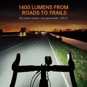 RAVEMEN PR1400 Bike Front Light | 1400LM | HiLo Dual Beam | Anti-Glare Lens | LED Runtime Display | Wireless Remote | IPX8 | USB-C