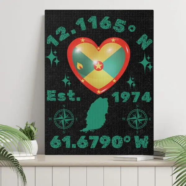 Grenada Canvas Wall Art, Grenadian Map Flag Longitude and Latitude Ready to Hang Matte Canvas Stretched Wall Art.