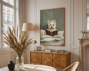 Westie Dog Reading Book Print, Whimsical Cream Teal Bedroom Decor
