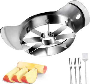 1Pc 8 Slices Stainless Steel Apple Cutter + 3Pcs Forks + 1Pc Brush for Kitchen Use, Large Apple Slicer with 8 Blades Easy to Use & Dishwasher Safe Kitchenware Set