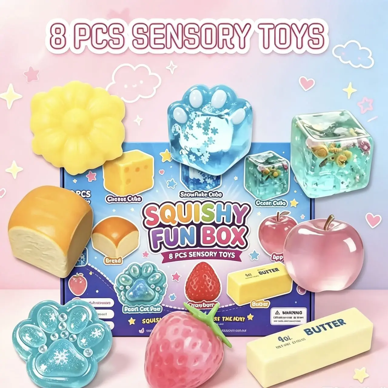 8-Piece Set Malt Sugar Stress Relief Fidget Toys, Sensory Bundle, Creative Slow-Return Squishy, 8 Different Styles summerwins,deals for you，