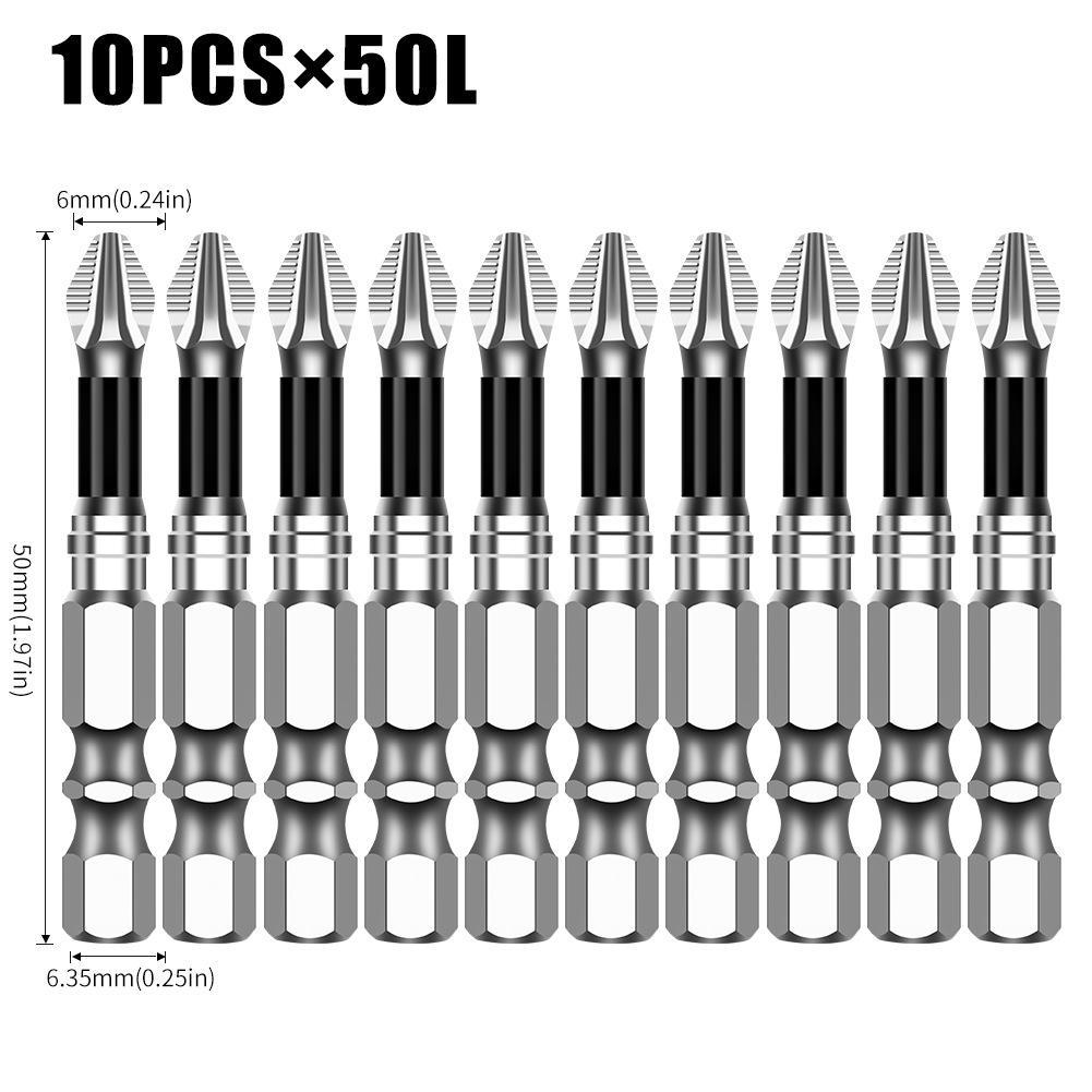 10pcsPhillips Screwdriver Bit PH2 Serrated Tip 1/4" Hex Shank 2" (50mm) Long Impact Magnetic Anti Slip Cross Screw Driver Industrial Power Drill Bits for Remove Fastening Screws