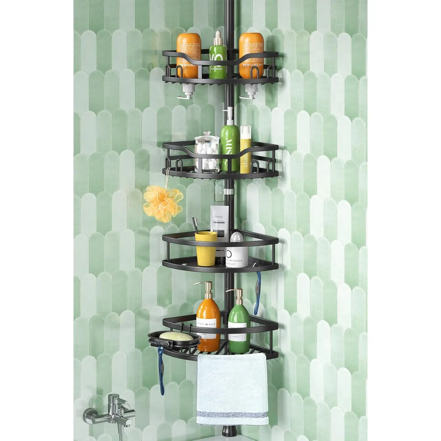 Stainless Steel Hollow Corner Shower Tension Pole - Rustproof 4-Tier Modern Bathroom Organizer Shelves with Soap Rack, 121-Inch Quick Installation Adjustable Standing Rack for Bathtub Shampoo Storage, Black