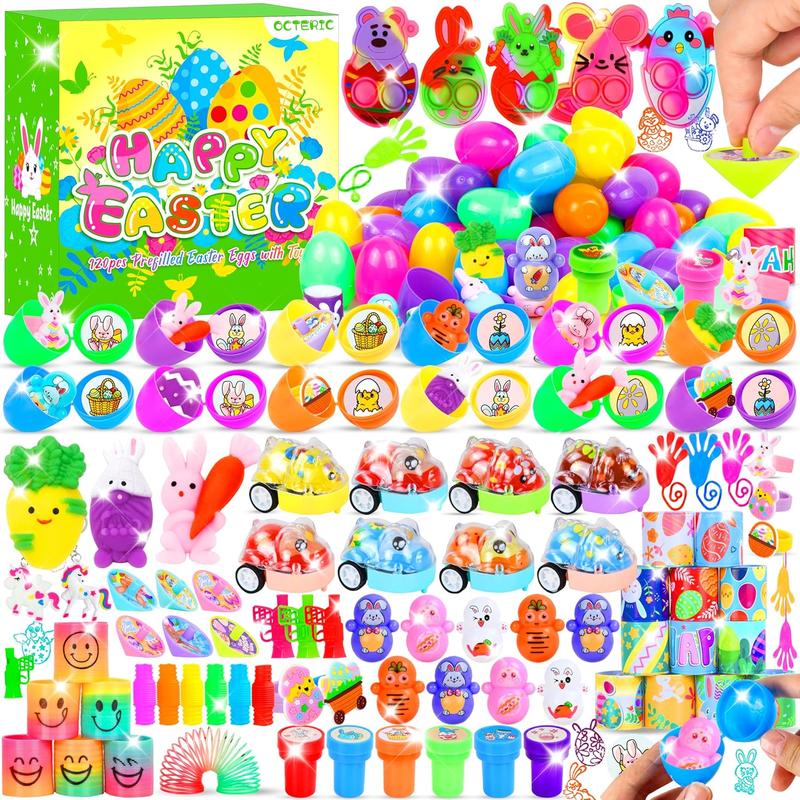 120 Pcs Prefilled Plastic Easter Eggs Filled with Assorted Toys Stickers Inside for Kids Boys Girls Toddlers Easter Theme Party Favors Easter Eggs Hunt Basket Filler Stuffers Classroom Prize Supplies