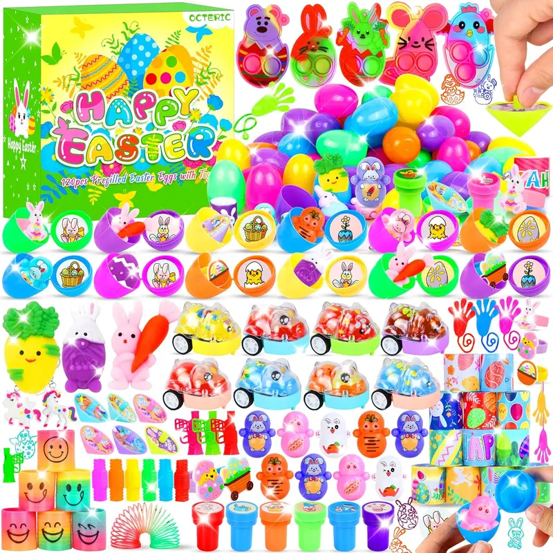 120 Pcs Prefilled Plastic Easter Eggs Filled with Assorted Toys Stickers Inside for Kids Boys Girls Toddlers Easter Theme Party Favors Easter Eggs Hunt Basket Filler Stuffers Classroom Prize Supplies