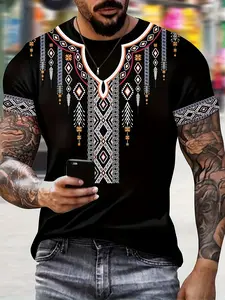 Men's Ethnic Style Creative Geometric Digital Print Short Sleeve Round Neck T-Shirt, Casual Streetwear Fitted Summer Outdoor Holiday Tee